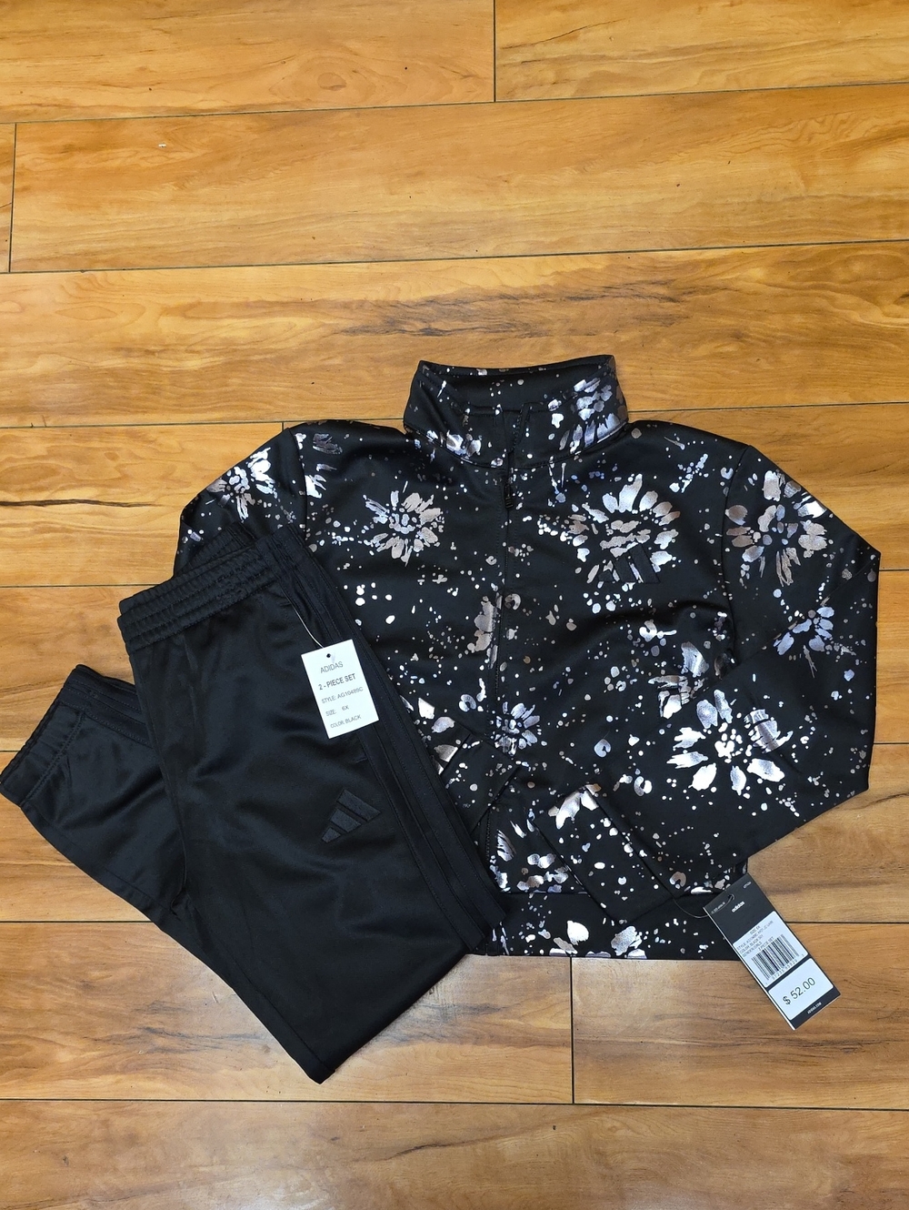 NEW Adidas Girls Black Metallic Silver Floral Tracksuit Set Size 6X
